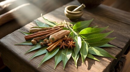 Fresh organic rosemary, parsley, thyme, and basil herbs with aromatic anise and cinnamon spices on a rustic wooden table