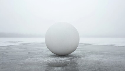 A pristine white sphere rests on a frozen lake surface, bathed in a hazy, pale light