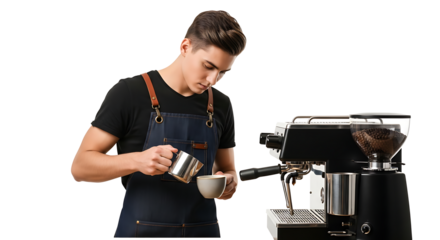 A barista pouring milk into a cup near an espresso machine in a professional coffee shop setting on transparent background