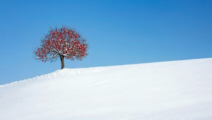 Solitary tree with red berries on a snow-covered hill against a clear blue sky