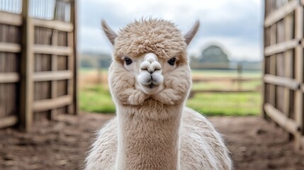 Obraz premium A fluffy white alpaca poses directly facing the camera
