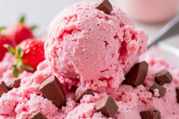 Close-up view of pink ice cream with chocolate pieces.
