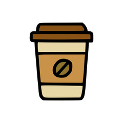 Minimalist Illustration of Hot Coffee To-Go Cup with Brown Lid and Coffee Bean Icon in Flat Design