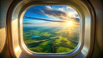 Fototapeta premium A Breathtaking Aerial View of Lush Green Fields and Forests at Sunset, Seen Through an Airplane Window