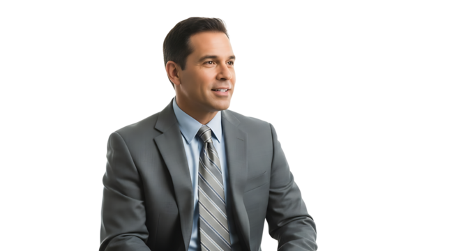 A man in a gray suit and blue shirt looking to the side against a blurred background with black space on transparent background