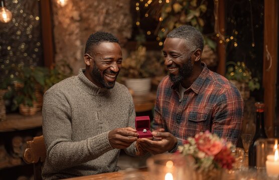 Romantic gay couple getting engaged at home with engagement ring - Powered by Adobe