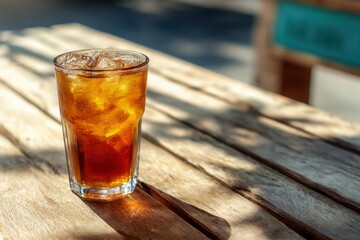 A glass of iced tea sits on a wooden table basking in sunlight