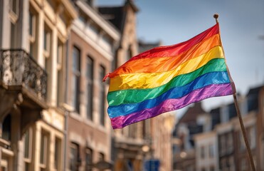 Rainbow flag waving in urban setting symbolizing lgbtq+ pride