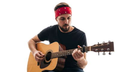 A man with a red bandana playing an acoustic guitar in a studio with a black background light brown guitar on transparent background