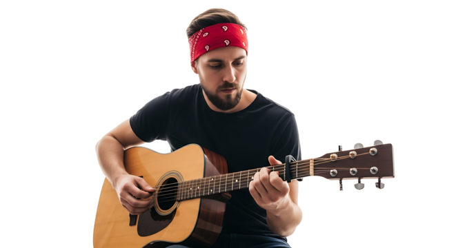 A man with a red bandana playing an acoustic guitar in a studio with a black background light brown guitar on transparent background