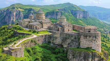 Ancient stone churches atop a rocky mountain