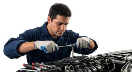Man in blue uniform repairing a car engine with tools and wearing gloves in a focused manner at work on transparent background