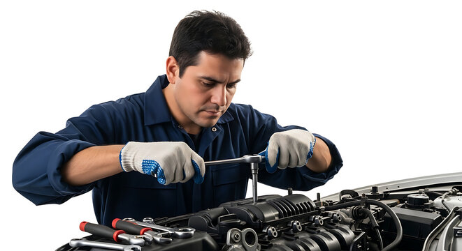 Man in blue uniform repairing a car engine with tools and wearing gloves in a focused manner at work on transparent background - Powered by Adobe