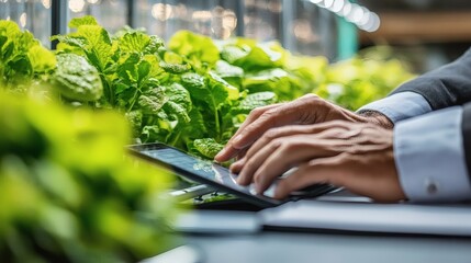 A person using a tablet in a leafy green plant setting