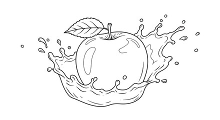 whole apple with leaf splashing in water or juice, isolated on white background – black and white outline illustration for kids and coloring books.