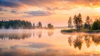 Obraz premium Serene sunrise over a tranquil lake, mist shrouding the shoreline trees, reflecting in the calm water, a picturesque dawn scene
