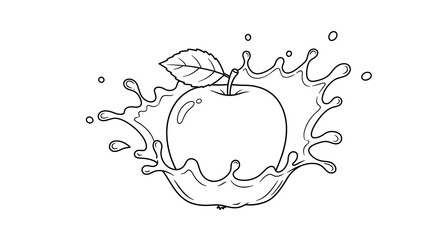 whole apple with leaf splashing in water or juice, isolated on white background – black and white outline illustration for kids and coloring books.