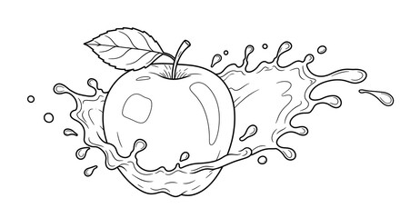 whole apple with leaf splashing in water or juice, isolated on white background – black and white outline illustration for kids and coloring books.