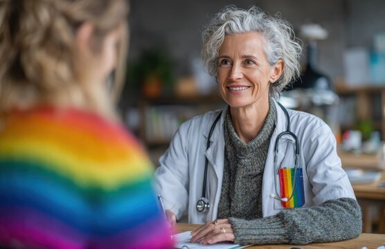 Doctor with rainbow flag is listening to patient in medical office