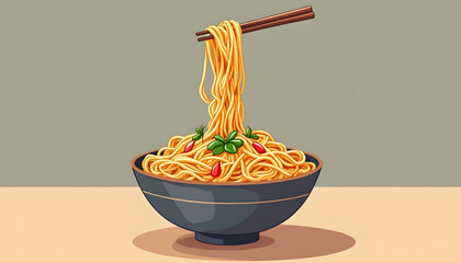 Bowl of noodles with chopsticks. Represents Asian cuisine, comfort food, or delicious meals. Warm and inviting.

