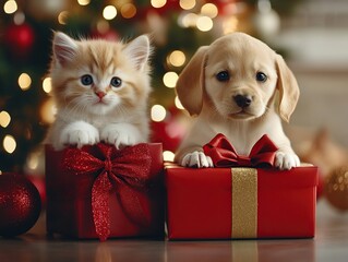 A cute kitten and puppy sit together on a red gift box, surrounded by festive Christmas decorations and bokeh lights.