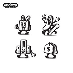 Adorable Cartoon Characters Shopping Bag, Banana, Building, Price Tag Illustrations