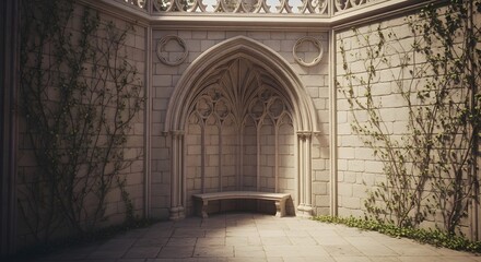 Fototapeta premium Interior view of a stone alcove within an aged building with an arched opening and overgrown plant. Soft lighting creates shadows across the textured surfaces.