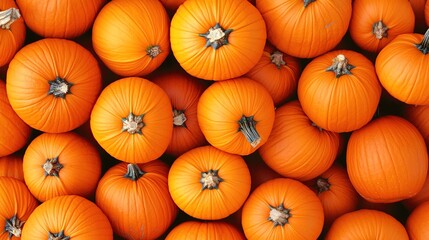 Obraz premium A dense arrangement of vibrant orange pumpkins is displayed against a stark black background, creating a visually rich and textured composition.