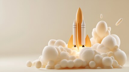 Minimalist Rocket Launch Pad with White Background and Soft Clouds