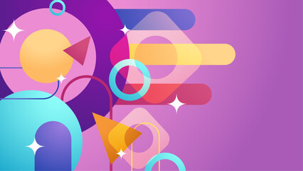 Colorful geometric shapes overlapped with sparkles. Suitable for web backgrounds, graphic design projects, posters, and abstract art concepts.