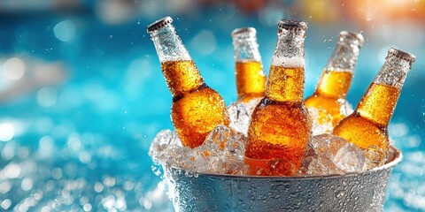 summer beverage promotion, ideal for promoting a refreshing display of cold beer bottles in an ice bucket, with condensation, set against a bright pool party scene. High quality