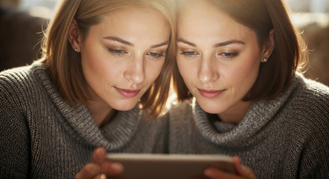 Twin sisters sharing digital tablet at home