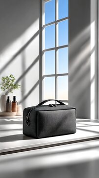 Gray cosmetic bag on white countertop near window