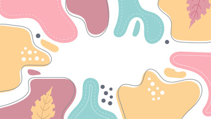 Abstract artwork with pastel shapes, leaves, and dots. Suitable for designs requiring a soft, whimsical aesthetic such as invitations or editorial content.