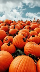 A vast field of vibrant orange pumpkins stretches into the distance, creating a warm and inviting autumn scene under a cloudy sky.