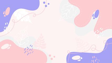 Pastel abstract art featuring pink and purple shapes, leaves, and lines. Ideal for backgrounds, prints, or creative projects.