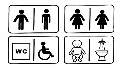 Washroom signs. Restroom or toilet door sign set containing gents, ladies, disabled, baby changing. Printable sticker., man and woman toilet sign