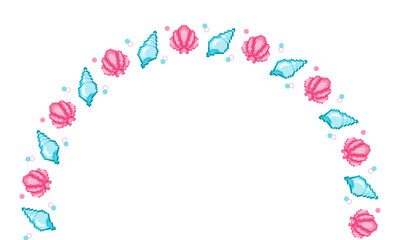 Pixel Art Seashell Arch Frame. Cute Pink and Blue Summer Border for Posters, Cards, and Decoration