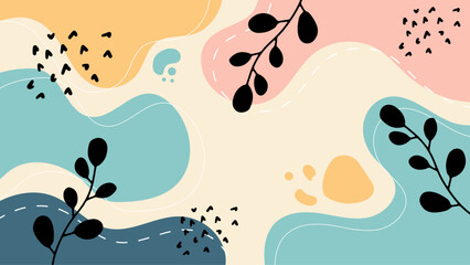 Abstract artwork with pastel shapes, black leaves, and small hearts suitable for backgrounds, social media graphics, and greeting cards.