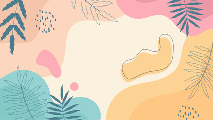 Abstract artwork with pastel shapes and brown leaves. Suitable for backgrounds, prints, and decor. Perfect for nature inspired design projects.