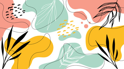 Abstract art with pastel shapes and stylized leaves, suitable for backgrounds, book covers, or wall art in home decor.