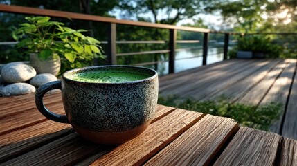 Fototapeta premium Green drink on wooden deck