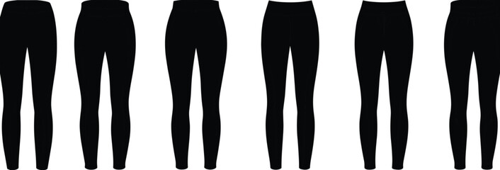 Top view vector fashion CAD drawing of six black silhouette women’s leggings for sportswear design templates and apparel sketches.