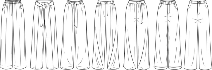 Women’s wide-leg pants fashion CAD drawing top view with waist tie and pocket details for vector apparel design templates.