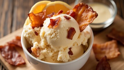Crispy bacon bits adorn a creamy scoop of ice cream.