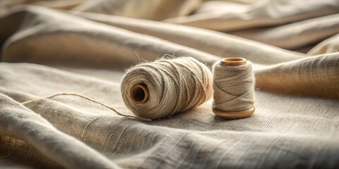 A Natural Fiber Yarn and Fabric Still Life Rustic Wooden Spools and Soft Textured Cloth