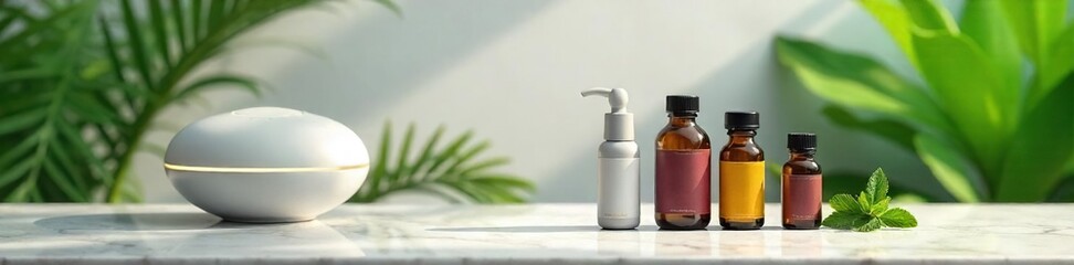 Luxurious Wellness Ritual Homeopathic Remedies, Diffuser, and Greenery on Marble