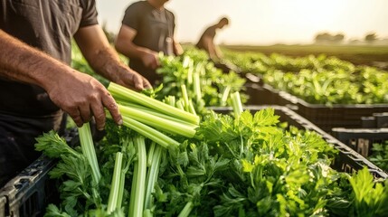 Workers harvesting fresh celery in the fields during the day