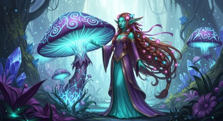 Fototapeta premium Enchanting Forest Fairy Guardian of the Luminous Mushroom Grove Under the Moonlight
