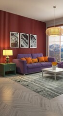 Contemporary Living Room with Purple Sectional Sofa and Red Slat Wall. Modern Interior Featuring Abstract Art and Green Side Table. Scenic Mountain View with White Blinds and Striped Pendant Light.